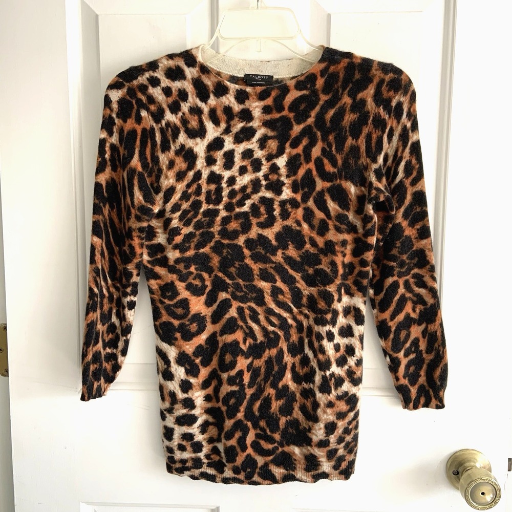 TALBOTS Petites P Sweater Pure Cashmere Leopard Cheetah 3/4 Sleeve Pullover